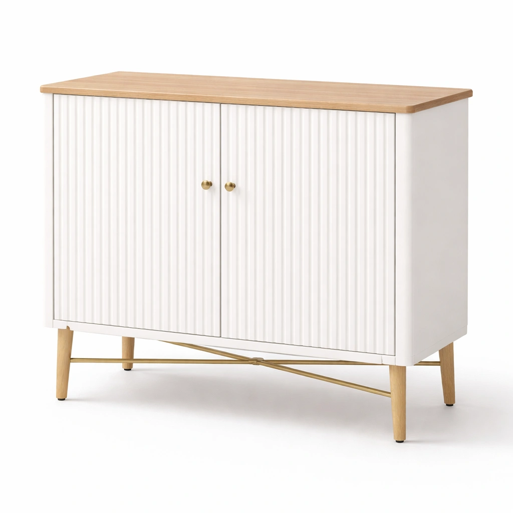 Aparador moderno blanco con puertas texturizadas y patas de madera-cozanoe